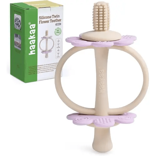 haakaa Silicone Twin Flower Teether,Nipple-Shaped End for Gum Massage,360° Baby Toothbrush Head for Self-Brushing Training,Easy to Grip - Lavender