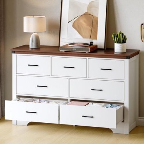 Farmhouse 7 Drawer Dresser for Bedroom, 51" Wide Chest of Drawers, Wooden Dresser TV Stand, Storage Dressers Organizer for Bedroom, Living Room, Hallway