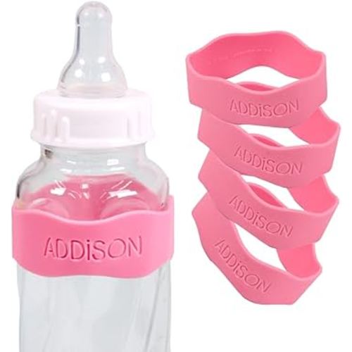 InchBug Orbit Labels - Baby Bottle Name Labels for Daycare, Sippy Cup Bands - Engraved Silicone, Reusable, Dishwasher Safe, Matching Color Personalization, 4-Pack (Bubblegum Pink)