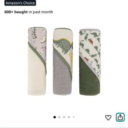 Cudlie Buttons & Stitches Baby Boy 3 Pack Rolled/Carded Hooded Towels in Dino Roar Print (GS71721)