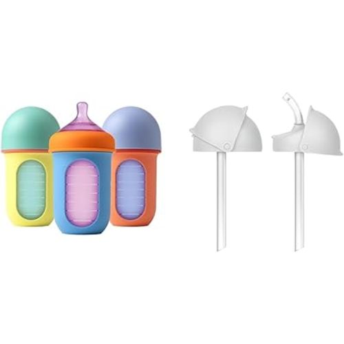 Boon Nursh Reusable Baby Bottle with Silicone Pouch Design Bundle - Stage 2 Medium Flow 8 Oz Baby Bottles, Silicone Straw Sippy Cup Conversion Lids for Nursh Bottles - 2 Count
