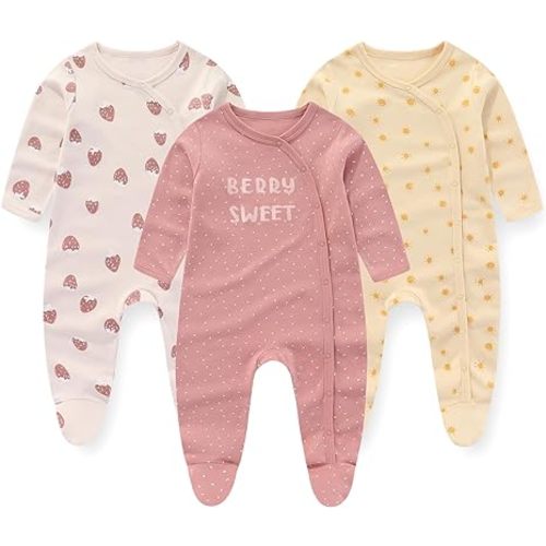 Unisex Baby Boy Girl Footies Rompers Cotton Long Sleeve 3 Pack Infant Jumpsuits 0-12Months Babies' Outfits