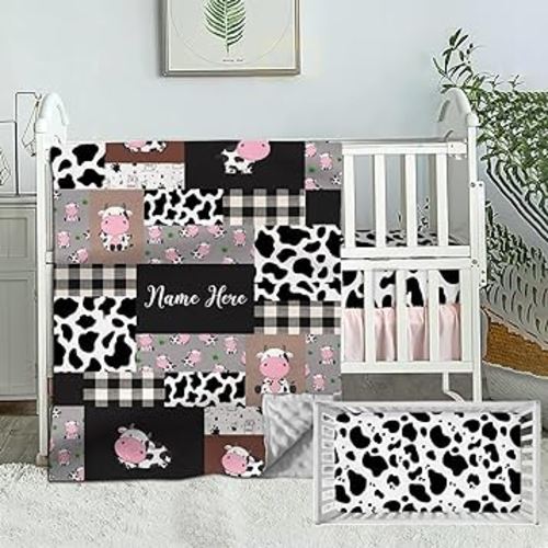 Personalized Crib Bedding Set for Boys Girls, Custom Baby Crib Sets with Name, Cute Cow Theme Nursery Bedding, 2 Piece Baby Crib Sets, Cow Stripes Plaid Neutral Comforter, Crib Fitted Sheet for Baby