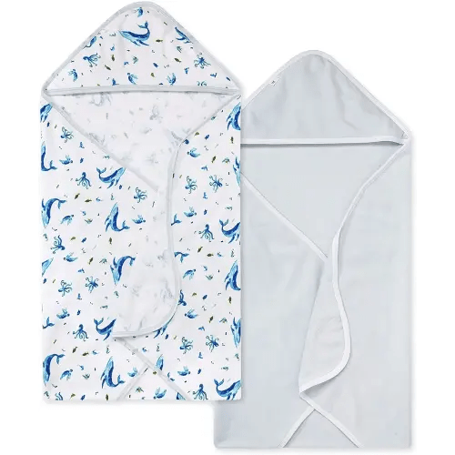 Burts Bees Baby Infant Hooded Towels Whale of a Tale Organic Cotton, Unisex Bath Essentials and Newborn Necessities, Soft Nursery Towel with Hood Set, 2-Pack Size 29 x 29 Inch