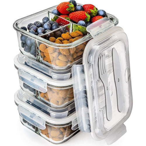 Prep Naturals - Glass Food Storage Containers - Meal Prep Container - 3 Packs, 3 Compartments, 34 Oz