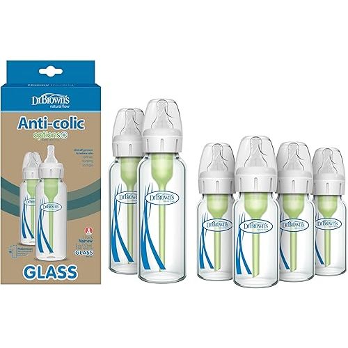 Dr. Brown's Natural Flow Anti-Colic Options+ Narrow Glass Baby Bottles, 4 oz 4-Pack & 8 oz 2-Pack, with Level 1 Slow Flow Nipples, Anti-Colic Vent System, BPA Free, Dishwasher Safe, 0m+