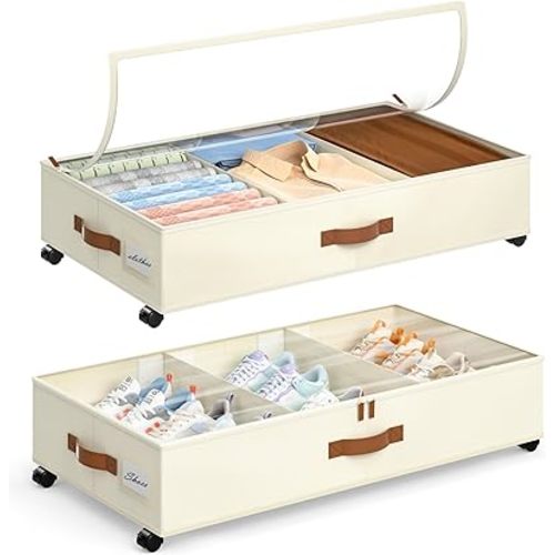 Yecaye Under Bed Storage with Wheels, 2Pack Under Bed Storage Containers with Adjustable Dividers & Clear Lid, Rolling Underbed Organizer Bins Drawers for Clothes, Shoes, Blankets(33.3 x 16.5 x 6.7in)
