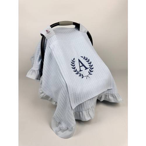 Car Seat Canopy Cover Baby Boy and Girl with Baby Blue Pique Peekaboo Mesh Window, Personalized Carseat Cover