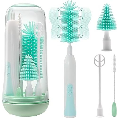 Electric Bottle Brush Cleaner, Rechargable Electric Baby Bottle Brush for Travel, Waterproof Electric Bottle Cleaner Set with Nipple & Straw Brush, Perfect Essentials Gift for Mom After Birth, Green