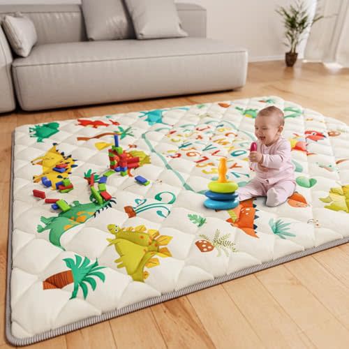 ieBabay Baby Play Mat 71" X 59" Playpen Mat Upgraded Thicken Baby Floor Play Mat Non-Slip Cushioned Crawling Mat Waterproof Activity Playmats for Babies Toddlers Infants (71X59, Letter Dino)