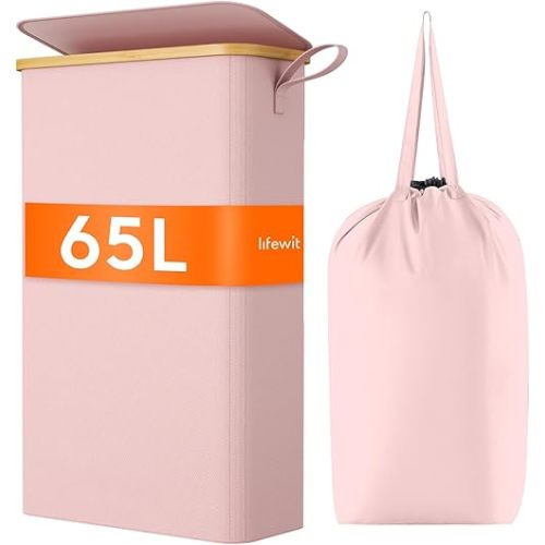 Lifewit 65L Slim Laundry Hamper with Lid, Narrow Laundry Basket with Removable Bag & Bamboo Handles, Fodable Thin Dirty Clothes Hamper for Laundry Collapsible Bin for Bathroom Bedroom Dorm, Pink