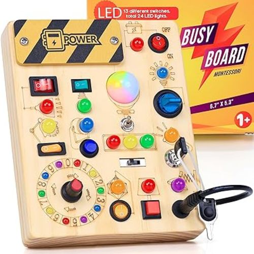 RichBoy Montessori Toy Busy Board for 1-3 Year Old Toddlers, 37-in-1 Sensory Toy with 24 LED Lights, Educational Travel Toy for Airplane Car Rides, First Birthday for Boys Girls (6.7" x 5.3")