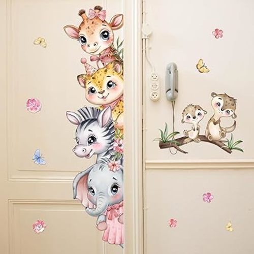 Cute Safari Animal Wall Stickers Cartoon Animal Door Stickers Watercolor Leopard Zebra Elephant Decals Peel and Stick for Kids Bedroom Nursery Playroom Decor (Pink Safari Animal)
