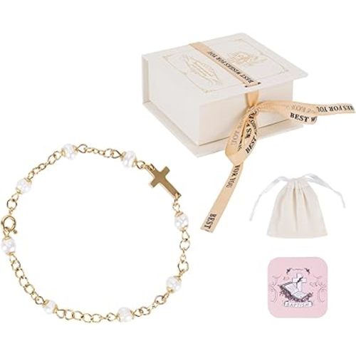Baby Baptism Bracelet with Cross - Baptism Gifts for Girl, Infant Boys, Toddler Gift Set with Pearl and Poem Card, Christening and Baby Dedication Gifts for Girls with Gift Box