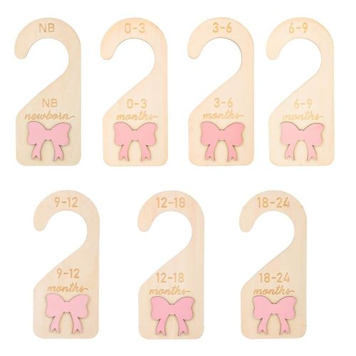 7pcs Baby Closet Dividers, Double-Sided Baby Wardrobe Organizer 3D Pink Bow Wooden Infant Clothes Size Dividers Hanger Organization for Girl Boy Newborn to 24 Months Nursery Decor