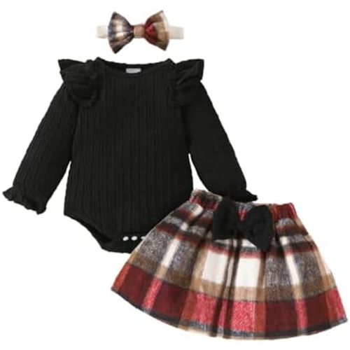 Baby Girls Fall Outfits Long Sleeve Romper Plaid Suspender Skirt Headband Newborn Spring Clothes