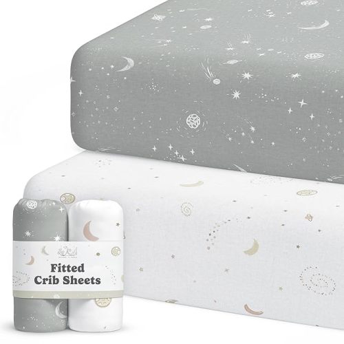 Crib Sheets Neutral - Fitted Baby Crib Sheets Bed for Girl Boy - 2 Pack Standard & Toddler Mattress (Galaxy, Moon, and Stars) - Buttery Soft Organic Cotton Blend