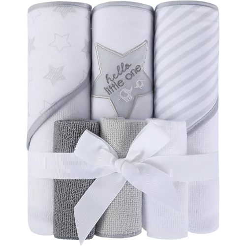 Softan Baby Hooded Towels and Washcloths Set 6 Pack, 28x28 Ultra Soft & Absorbent Baby Bath Towels for Newborn Infant Toddler, Unisex Boys Girls (Grey Star)