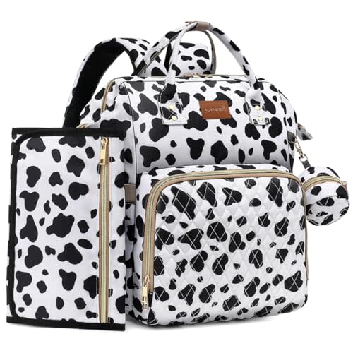 ROSEGIN Diaper Bag Backpack with Changing Pad, Pacifier Case, Baby Bag for Boy Girl Toddler - Large, Stylish, Waterproof Travel Quilted Diaper Bag for Mom - Baby Shower Registry - Cow