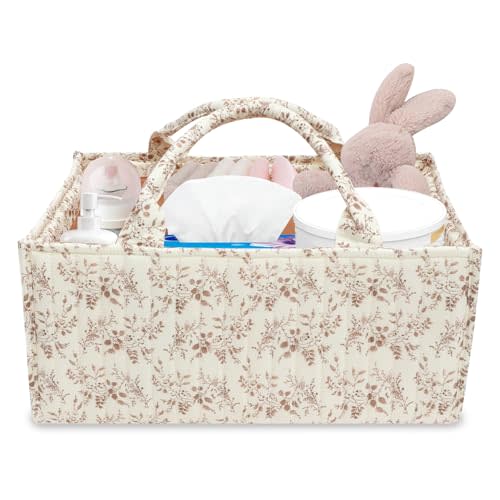 Floral Diaper Caddy Organizer, Portable Baby Storage Basket with Handle, Large Nursery Storage Bin and Car Organizer for Wipes, Gift for Baby Shower, Newborn Essentials, Baby Registry Must Have