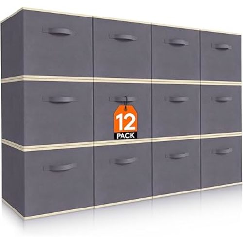 Lifewit 12 Packs Storage Cubes, 11 Inch Cube Storage Bins, Foldable Decorative Fabric Storage Baskets for Organizing Home Organizers with Handles for Shelves, Closet, Grey