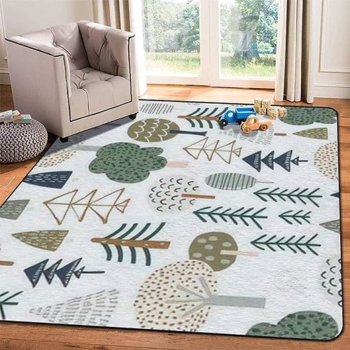 Soft Kids Play Area Rugs 3D Home Woodland Seamless Trendy Forest Texture Abstract Hand Drawn Tree Plush Rugs Non Slip Shaggy Carpets for Kids' Bedroom Classroom Playroom Nursery Décor 5'x8'