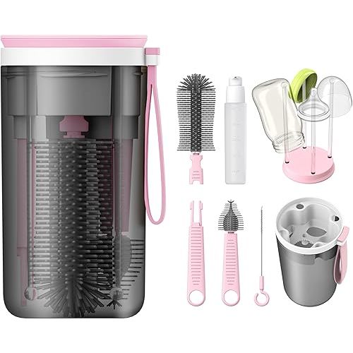 YOTIME Travel Baby Bottle Brush Set with Portable Silicone Bottle Brush, Nipple Cleaner Brush, Straw Brush, Soap Dispenser and Bottle Drying Rack, Pink