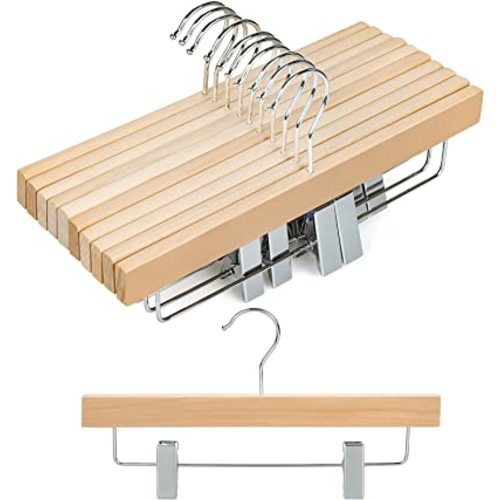 TOPIA HANGER 11.8'' Unfinished/Natural Wooden Pants Skirt Hangers for Kids Baby Toddler Children, Extra Thick Chrome Hooks & Anti-Wrinkle Premium Flat Clips 10 Pack CT09PN
