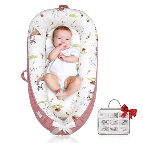 Baby Lounger for Newborn Cover - Newborn Lounger for 0-12 Months, Breathable & Portable Infant Lounger - Adjustable Cotton Soft Baby Floor Seat for Travel, Newborn Essentials - Pink Deer