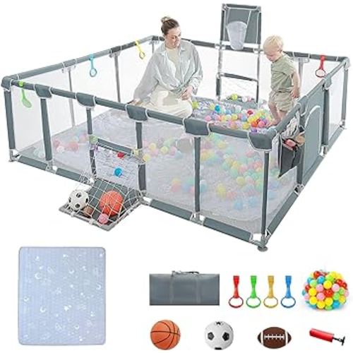 Baby playpen, 79"x71"Baby Playpen with Mat Indoor＆Outdoor Playpen for Babies and Toddlers with Breathable Play Pen with Ocean Balls Hanging Pocket Basketball Hoop and Football Goal