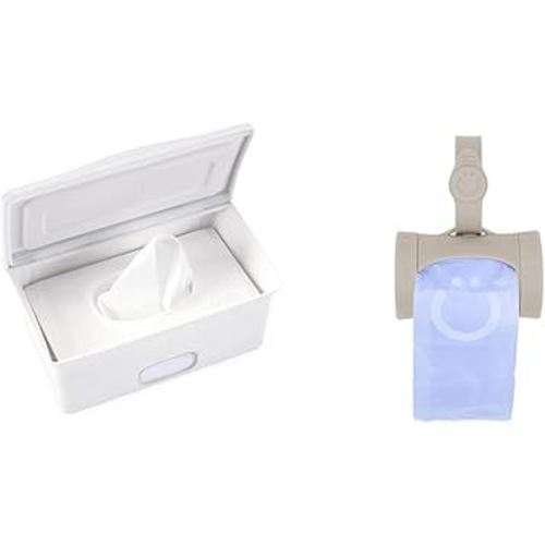 Ubbi Baby Wipes Dispenser with Weighted Plate, Taupe Retractable On-the-Go Diaper Bag Dispenser with 24 Scented Bags
