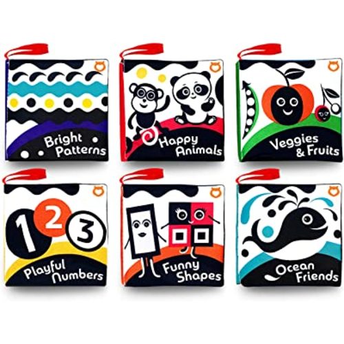 Cloth Books (Set of 6). High Contrast Soft Books. Black and White Images Encourage Infant Development – Suitable for Babies and Toddlers from 3 Months