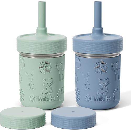 Fimibuke Toddler Cups Spill Proof, 8 OZ Sippy Cups for Kids Girl Boy, Leak Proof Stainless Steel Tumbler with Lid, Silicone Straw & Sleeve, BPA Free Dishwasher Safe Water Bottle Snack Container 2 Pack