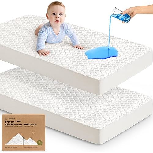 Waterproof Crib Mattress Protector Cover Fitted - 2-Pack Quiet Baby Mattress Topper Crib Sheets, 52" x 28" Soft Quilted Cotton Baby Sheet, Easy Fit, Durable Toddler Liner (Soft White)