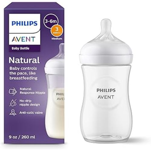 Philips Avent Natural Baby Bottle with Natural Response Nipple (Medium Flow,Flow 3), 9oz, SCY903/01