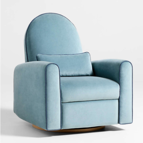 Miles Ocean Blue Velvet Nursery Power Recliner Swivel Chair with Wooden Base
