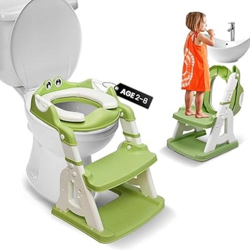 2-in-1 Cushioned Potty Seat with Ladder – Foldable Toddler Toilet Seat & Toddler Step – Step Up Potty Chair With Splash Guard for Boys & Girls – Toilet Training for Kids Aged 2-8