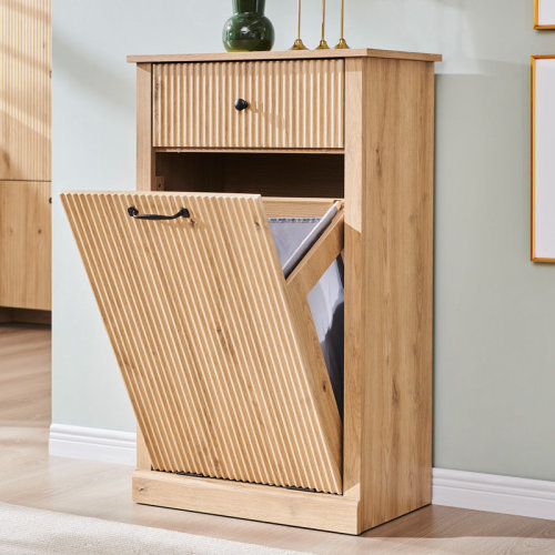 Tilt Out Laundry Hamper Cabinet,10 Gallon Fluted Wooden Garbage Can Cabinet with Drawers (Includes 1pc laundry basket)