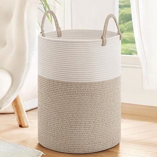 INDRESSME Large Laundry Hamper, Baby Laundry Hamper for Toys, Tall Woven Laundry Basket for Clothes, Blanket Storage Basket for Living Room, 19.7 x 13.8 inches, Light & Brown