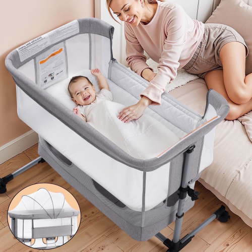 Vomeast Baby Bassinet Bedside Sleeper, 4 in 1 Convertible Bassinet, Adjustable Height, Light Gray