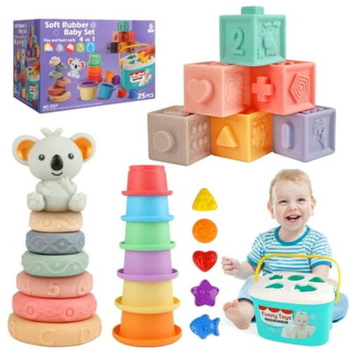 UQN Montessori Toys for 1 Year Old, 4 In 1 Baby Blocks Toys 6-12 Months, Soft Baby Teething Toys, Learning Gifts for Baby Girls Boys, Birthday Chrismas Gift