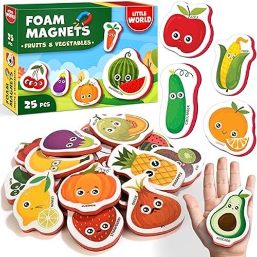 Little World Large Set of Safe and Durable Fridge Magnets for Toddlers 1-3 | Foam Refrigerator Magnets for Kids with Gift Box | Waterproof, Non-Toxic Fruit & Veggie Magnets for Children and Babies 1+