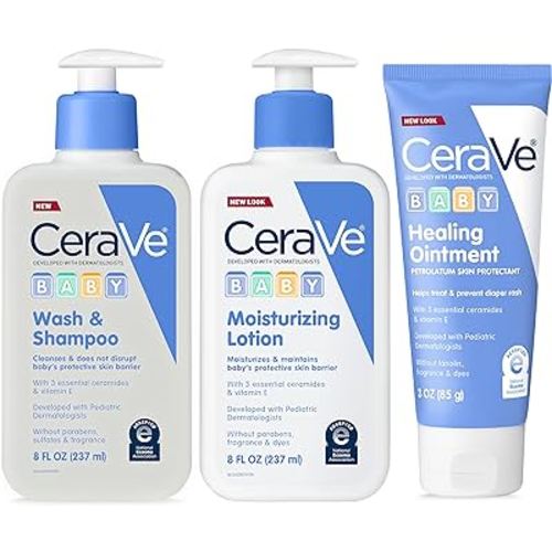 CeraVe Baby Bath Set | 8oz Baby Wash & Shampoo + 8oz Baby Moisturizing Lotion + 3oz Baby Healing Ointment | Fragrance, Parabens, Phthalates, & Tear Free Baby Bath Essentials | Gentle Baby Skin Care