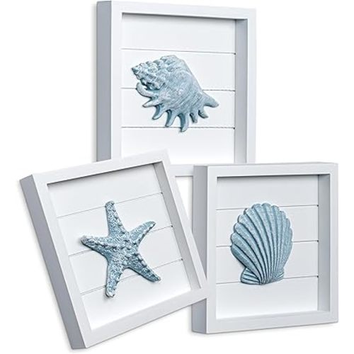 TideAndTales Blue Seashells and Starfish (Framed Set of 3) Coastal 3D Wall Art, Beach Wall Decor for Bathroom or Coastal Bedroom, Ocean Inspired Seaside Decorations for Home or Beach House (7"x7")