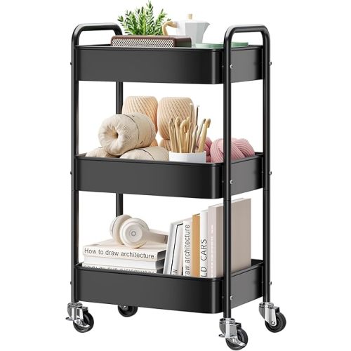 3 Tier Rolling Cart Metal, Black Carts with Lockable Wheels, Three Tiered Utility Trolley on Wheels, Sturdy Art Cart Organizer Storage for Craft, Snack, Book, Kitchen, Bathroom,Office,Teacher Supplies