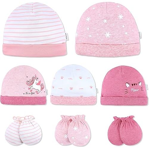 DOKMA Organic Cotton Baby Mittens and Caps Set with Cute Bunny Design for Newborn 0-6 Months -, No Scratch, Ultra Soft - 5 Caps x 3 Mittens, Pink Purple