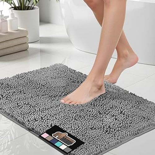 GORILLA GRIP Bath Rug Mat 48x24, Thick Soft Absorbent Chenille, Quick Dry Microfiber Mats, Rubber Backing Washable Shower Floor Rugs, Bathmat Runner, US Designed Bathroom Home Decor Accessories Grey
