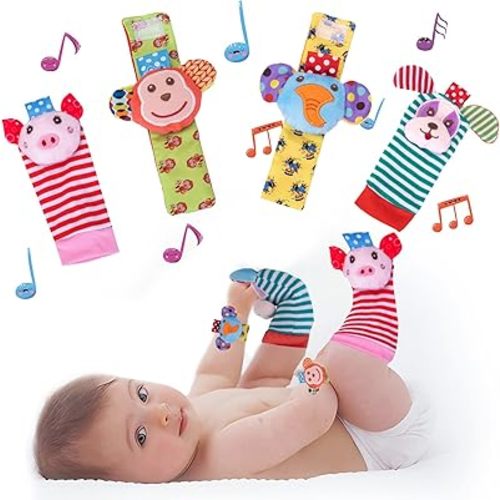 4pcs Soft Baby Wrist Rattle Foot Finder Socks Set Cartoon Socks for Babies Animal Plush Stuffed Infant Toys Baby Shower Birth Gift for Newborn Boy Girl 0-6 6-12 Months 0-3 Years Old