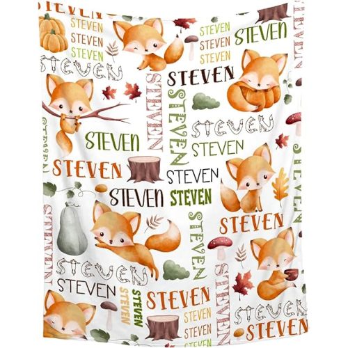 Personalized Baby Blanket for Girls Boys Fox Autumn Custom Baby Blanket with Name Swaddle Blanket for Toddlers Infants Kids Shower Newborns Nursery Stroller Crib Decor Throw Birthday Gift