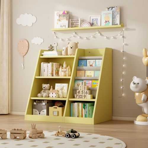 Wooden Toy Storage Organizer Cabinet Kids Bookshelf Children Bookcase Toddler Baby Sling Book Rack Shelf for Playroom Bedroom Nursery Hallway School